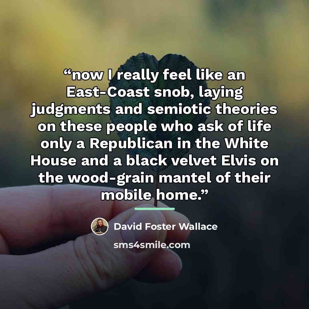 “now I really feel like an East-Coast snob, laying judgments and semiotic theories on these people who ask of life only a Republican in the White House and a black velvet Elvis on the wood-grain mantel of their mobile home.” quote by David Foster Wallace