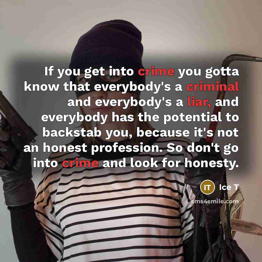 “If you get into crime you gotta know that everybody's a criminal and everybody's a liar, and everybody has the potential to backstab you, because it's not an honest profession. So don't go into crime and look for honesty.” quote by Ice T
