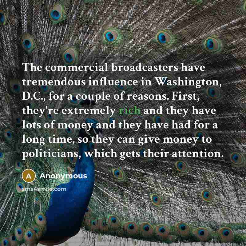 “The commercial broadcasters have tremendous influence in Washington, D.C., for a couple of reasons. First, they're extremely rich and they have lots of money and they have had for a long time, so they can give money to politicians, which gets their attention.” quote by Anonymous