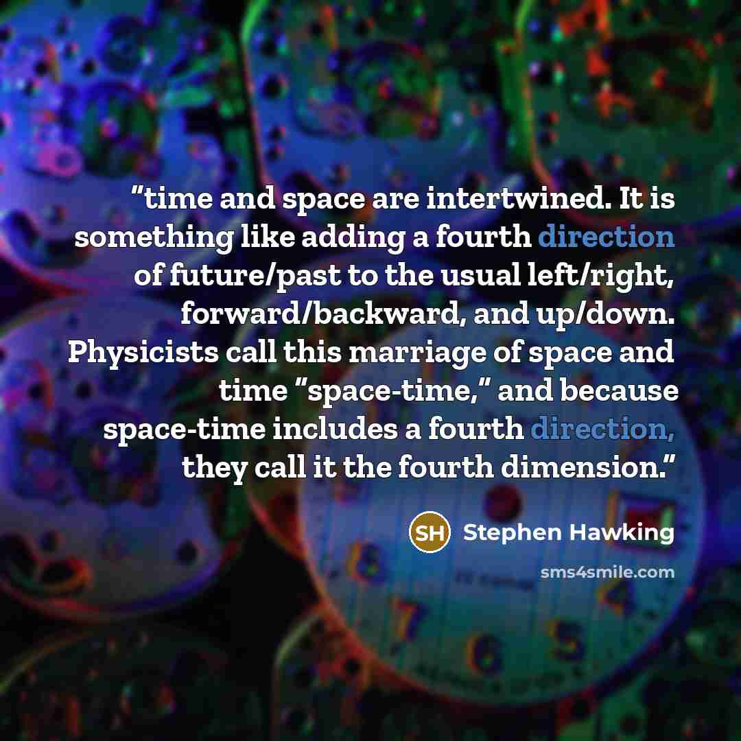 “time and space are intertwined. It is something like adding a fourth direction of future/past to the usual left/right, forward/backward, and up/down. Physicists call this marriage of space and time “space-time,” and because space-time includes a fourth direction, they call it the fourth dimension.” quote by Stephen Hawking