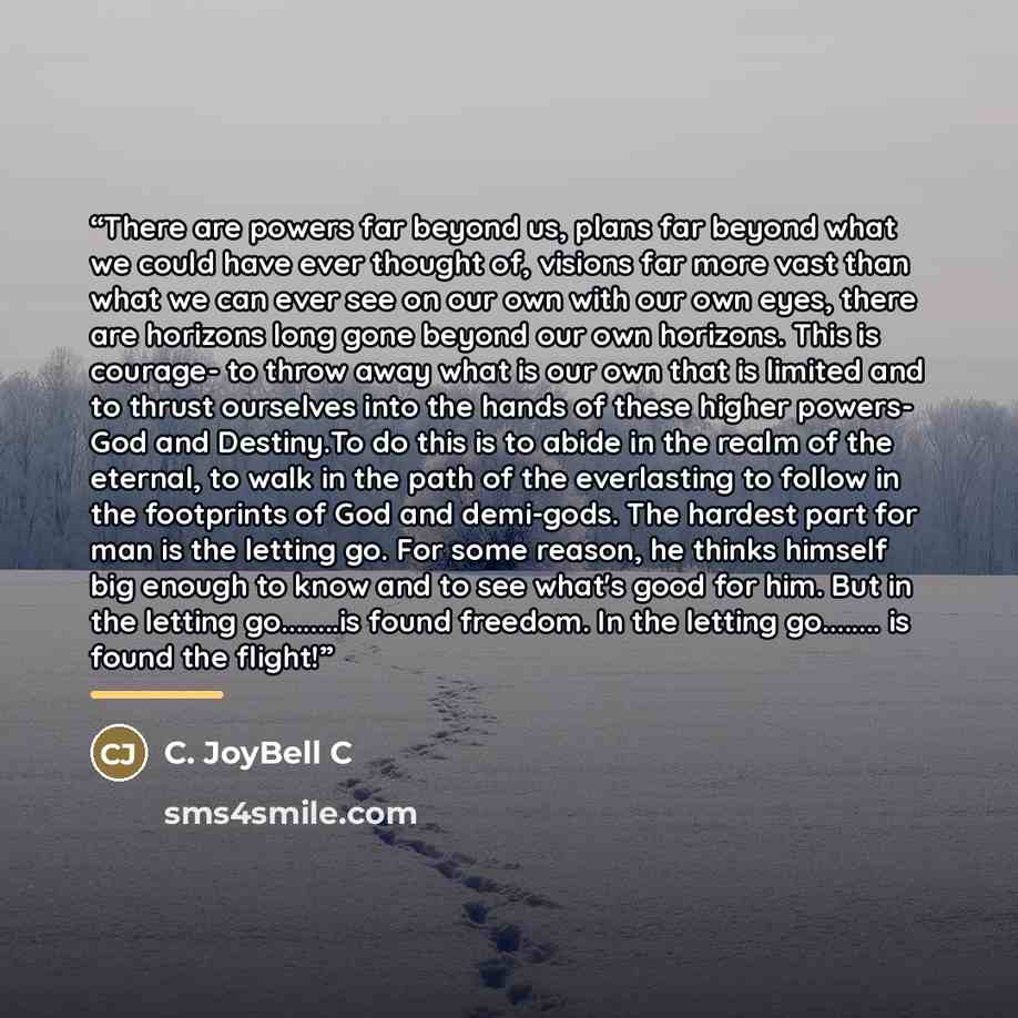 “There are powers far beyond us, plans far beyond what we could have ever thought of, visions far more vast than what we can ever see on our own with our own eyes, there are horizons long gone beyond our own horizons. This is courage- to throw away what is our own that is limited and to thrust…” quote by C. JoyBell C