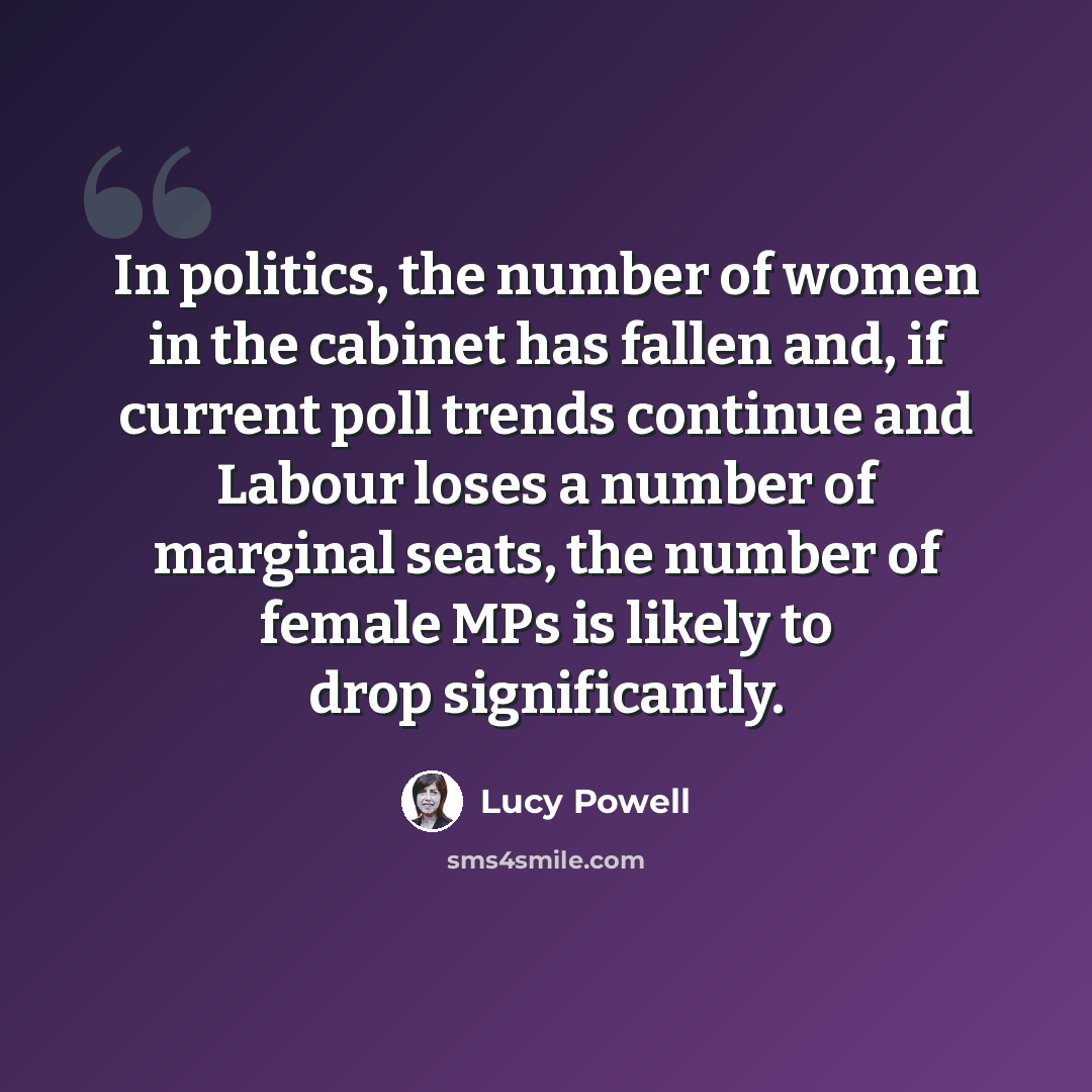 “In politics, the number of women in the cabinet has fallen and, if current poll trends continue and Labour loses a number of marginal seats, the number of female MPs is likely to drop significantly.” quote by Lucy Powell