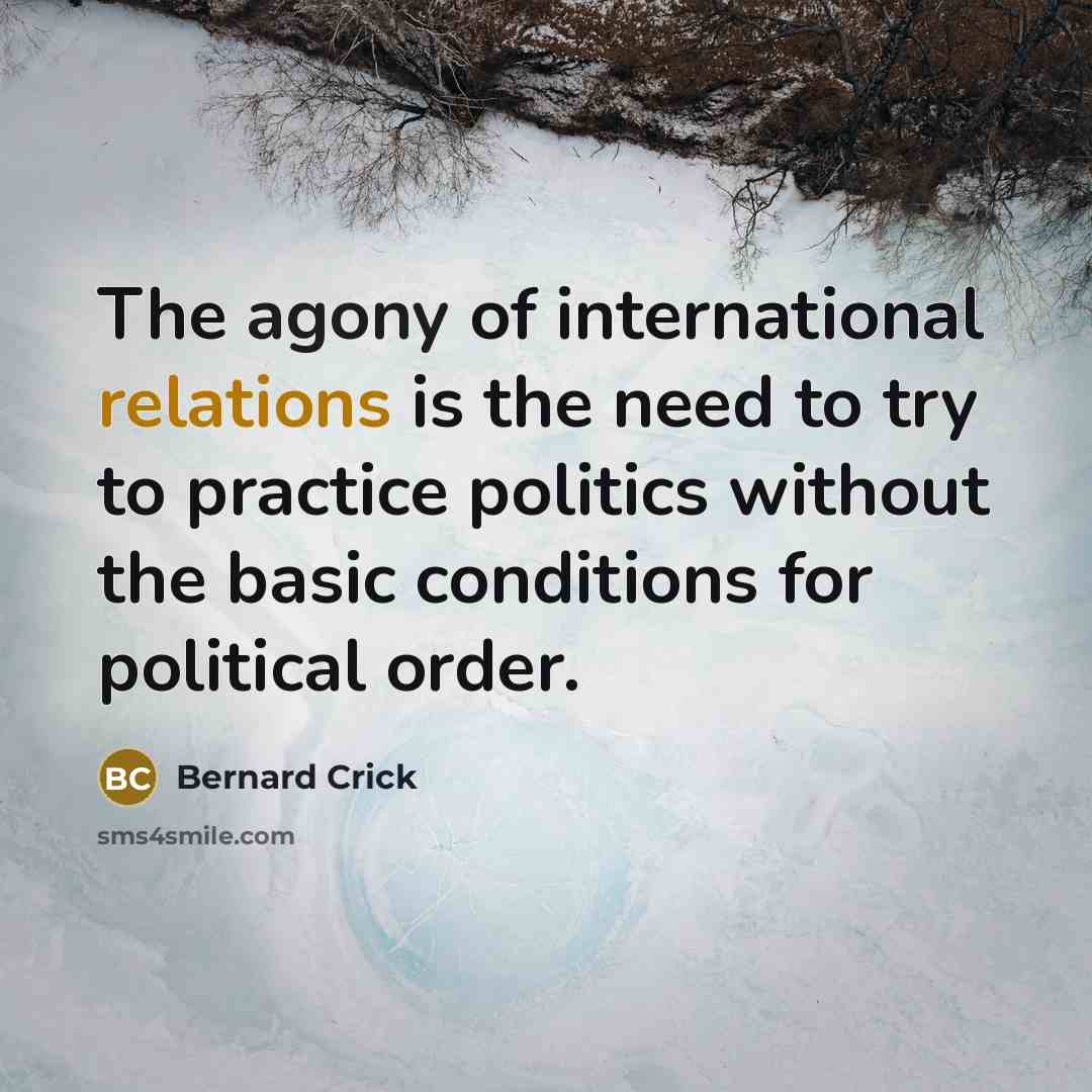 “The agony of international relations is the need to try to practice politics without the basic conditions for political order.” quote by Bernard Crick