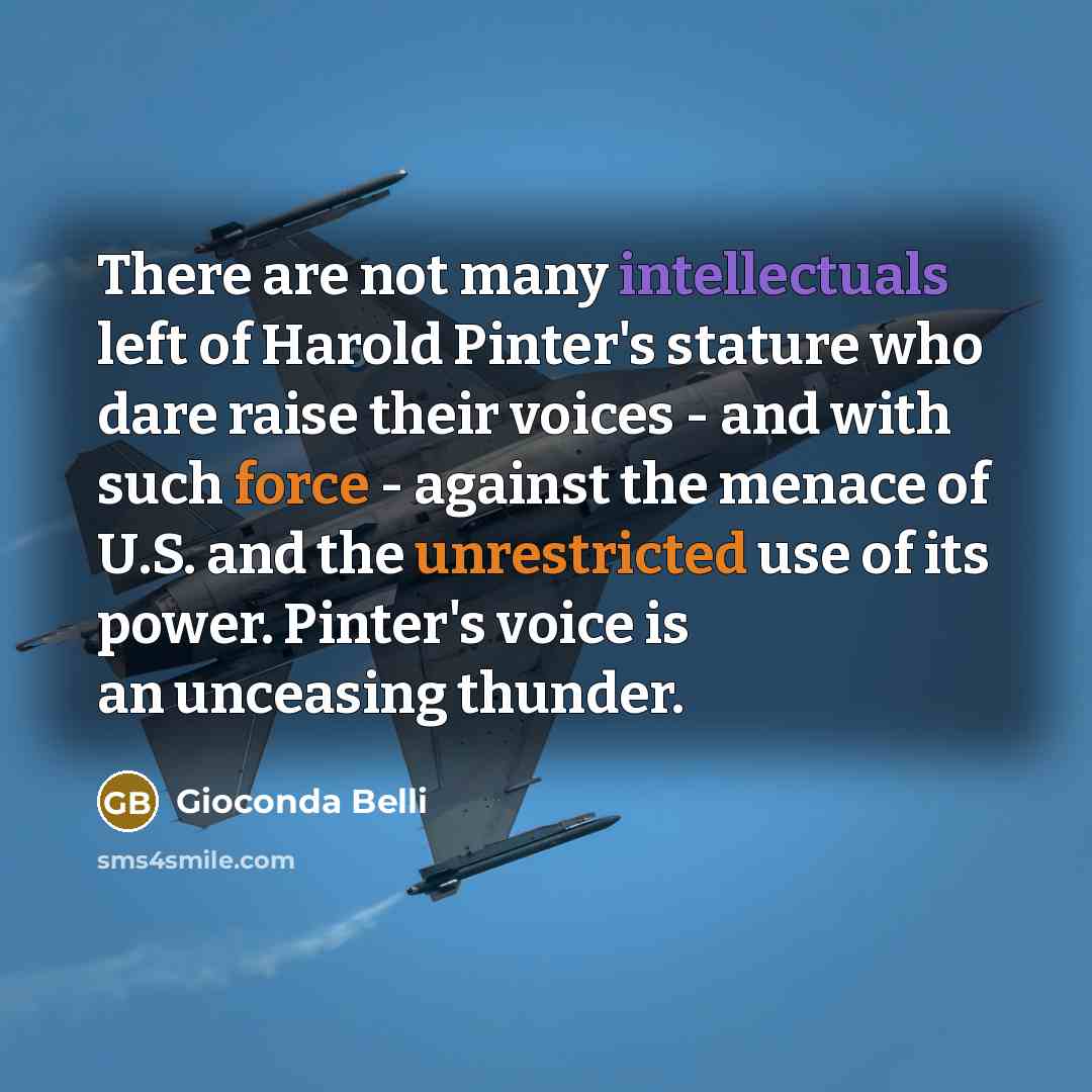 “There are not many intellectuals left of Harold Pinter's stature who dare raise their voices - and with such force - against the menace of U.S. and the unrestricted use of its power. Pinter's voice is an unceasing thunder.” quote by Gioconda Belli