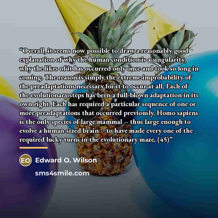 “Overall, it seems now possible to draw a reasonably good explanation of why the human condition is a singularity, why the likes of it has occurred only once and took so long in coming. The reason is simply the extreme improbability of the preadaptations necessary for it to occur at all. Each of…” quote by Edward O. Wilson
