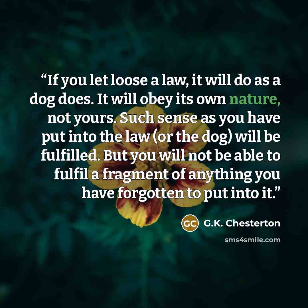 “If you let loose a law, it will do as a dog does. It will obey its own nature, not yours. Such sense as you have put into the law (or the dog) will be fulfilled. But you will not be able to fulfil a fragment of anything you have forgotten to put into it.” quote by G.K. Chesterton