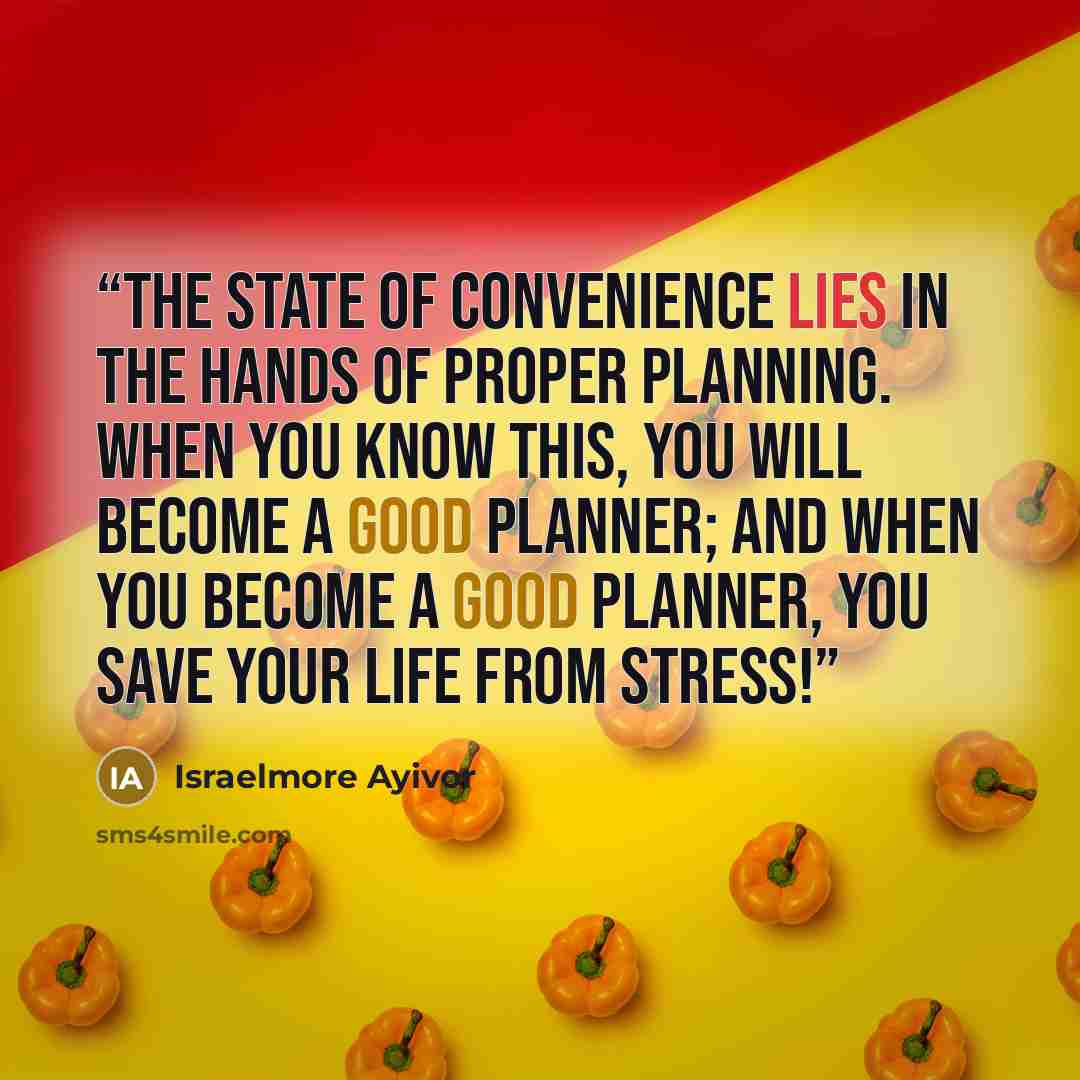 “The state of convenience lies in the hands of proper planning. When you know this, you will become a good planner; and when you become a good planner, you save your life from stress!” quote by Israelmore Ayivor