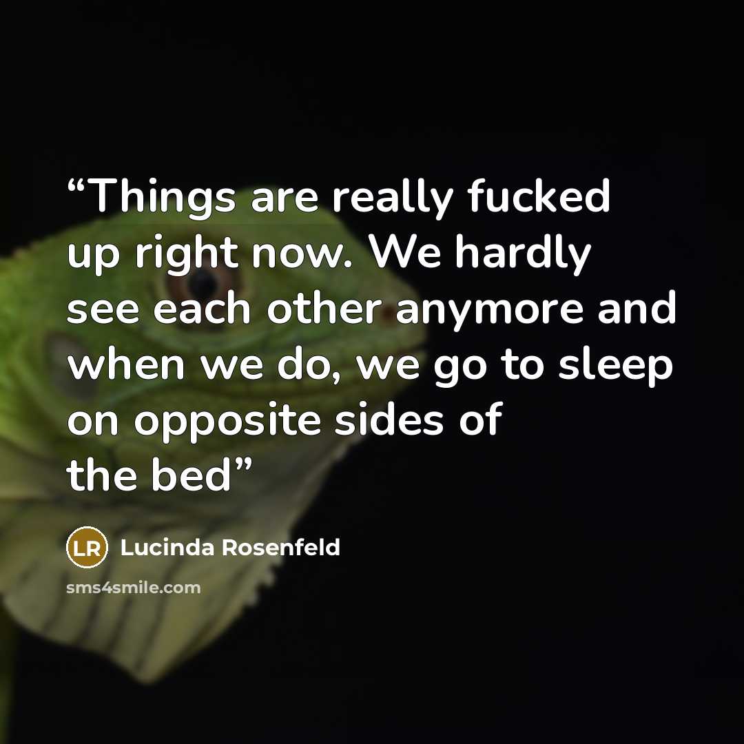 “Things are really fucked up right now. We hardly see each other anymore and when we do, we go to sleep on opposite sides of the bed” quote by Lucinda Rosenfeld