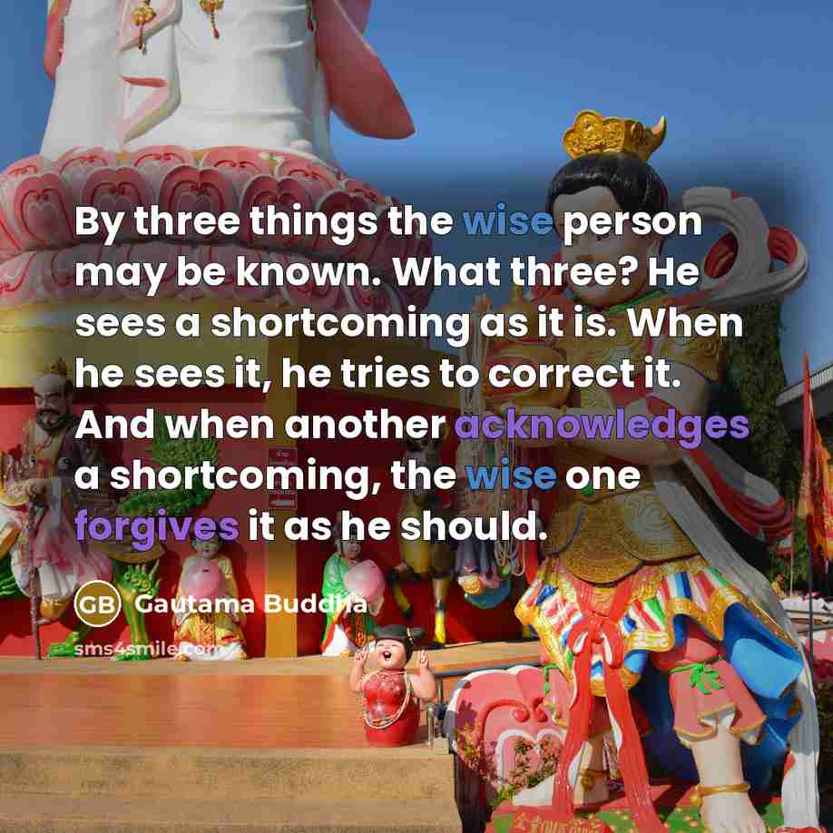 “By three things the wise person may be known. What three? He sees a shortcoming as it is. When he sees it, he tries to correct it. And when another acknowledges a shortcoming, the wise one forgives it as he should.” quote by Gautama Buddha