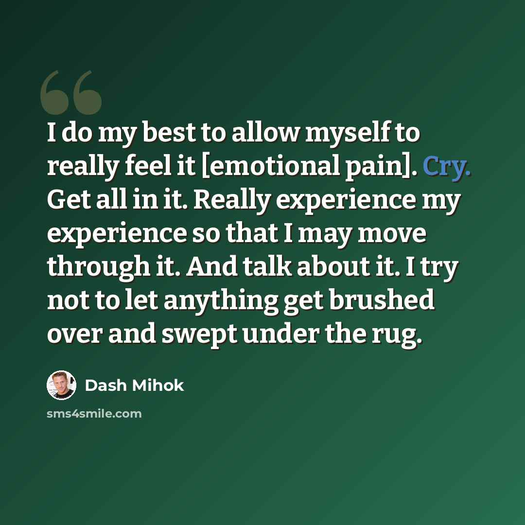“I do my best to allow myself to really feel it [emotional pain]. Cry. Get all in it. Really experience my experience so that I may move through it. And talk about it. I try not to let anything get brushed over and swept under the rug.” quote by Dash Mihok