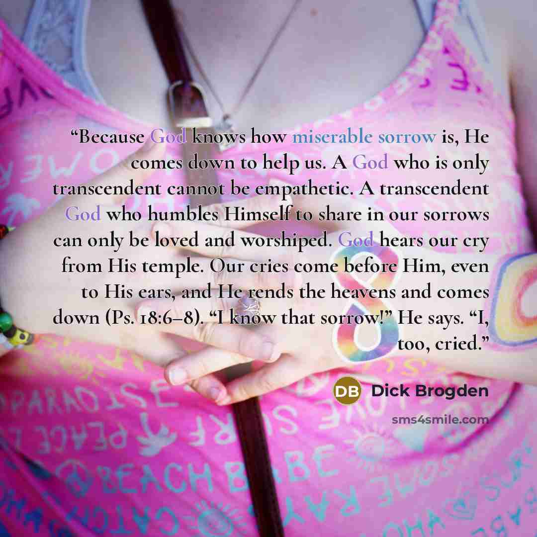 “Because God knows how miserable sorrow is, He comes down to help us. A God who is only transcendent cannot be empathetic. A transcendent God who humbles Himself to share in our sorrows can only be loved and worshiped. God hears our cry from His temple. Our cries come before Him, even to His ears…” quote by Dick Brogden