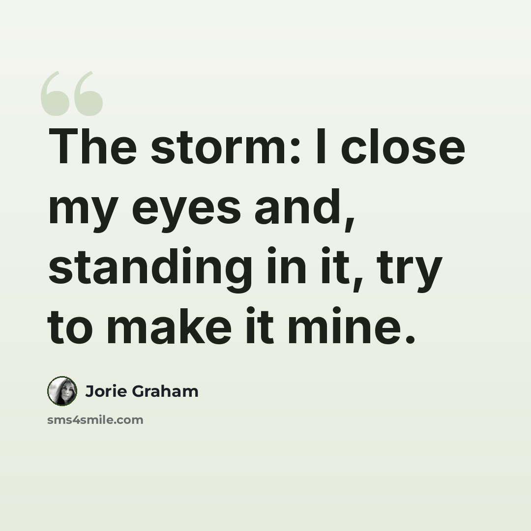 “The storm: I close my eyes and, standing in it, try to make it mine.” quote by Jorie Graham