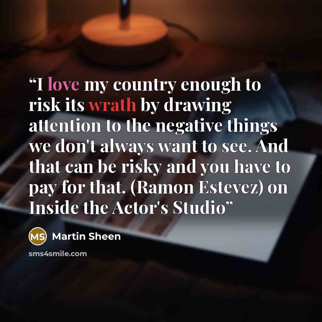 “I love my country enough to risk its wrath by drawing attention to the negative things we don't always want to see. And that can be risky and you have to pay for that. (Ramon Estevez) on Inside the Actor's Studio” quote by Martin Sheen