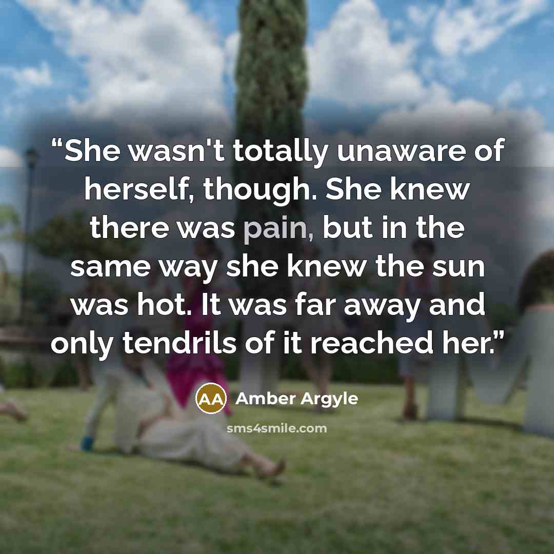 “She wasn't totally unaware of herself, though. She knew there was pain, but in the same way she knew the sun was hot. It was far away and only tendrils of it reached her.” quote by Amber Argyle