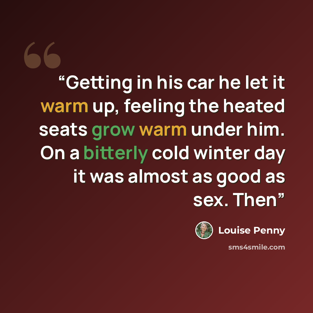 “Getting in his car he let it warm up, feeling the heated seats grow warm under him. On a bitterly cold winter day it was almost as good as sex. Then” quote by Louise Penny