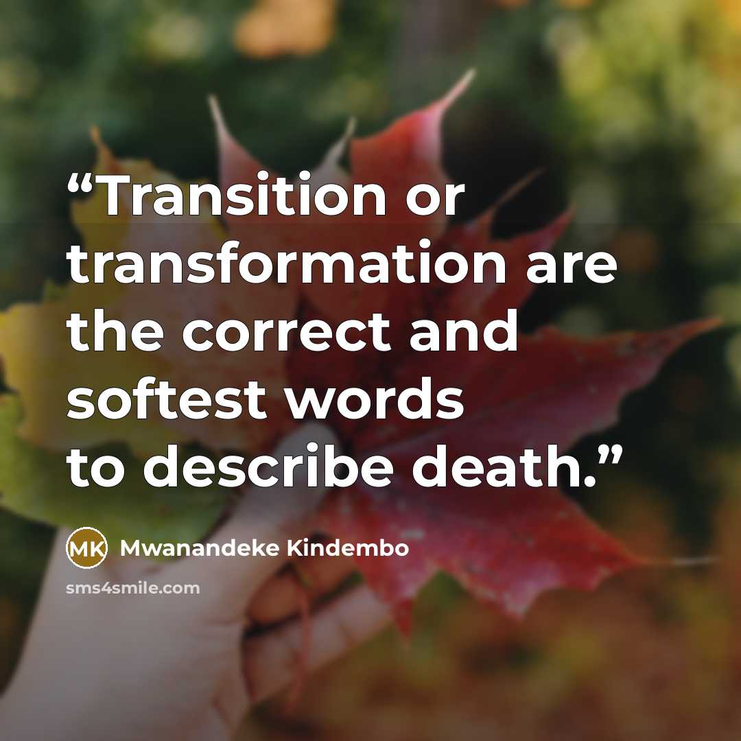 “Transition or transformation are the correct and softest words to describe death.” quote by Mwanandeke Kindembo