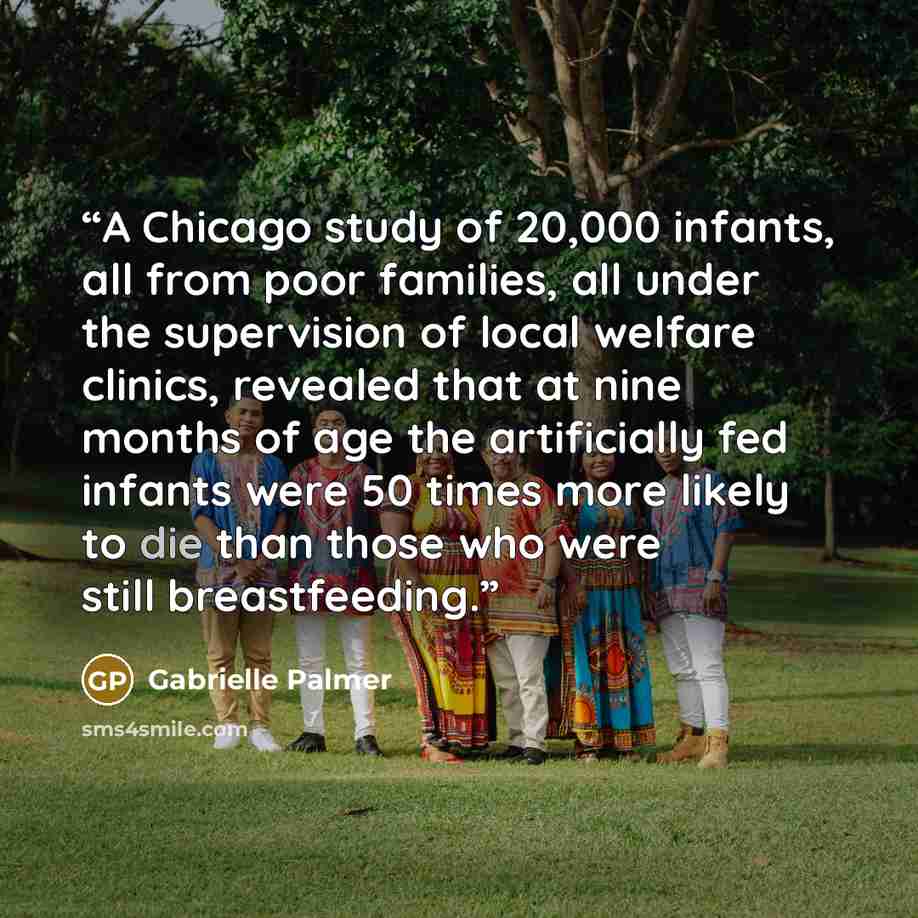 “A Chicago study of 20,000 infants, all from poor families, all under the supervision of local welfare clinics, revealed that at nine months of age the artificially fed infants were 50 times more likely to die than those who were still breastfeeding.” quote by Gabrielle Palmer