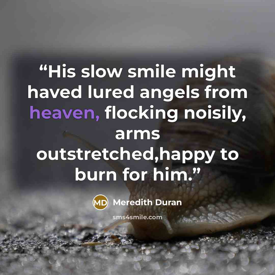 “His slow smile might haved lured angels from heaven, flocking noisily, arms outstretched,happy to burn for him.” quote by Meredith Duran