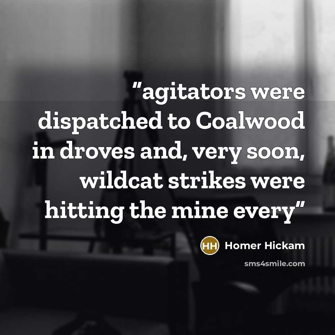 “agitators were dispatched to Coalwood in droves and, very soon, wildcat strikes were hitting the mine every” quote by Homer Hickam