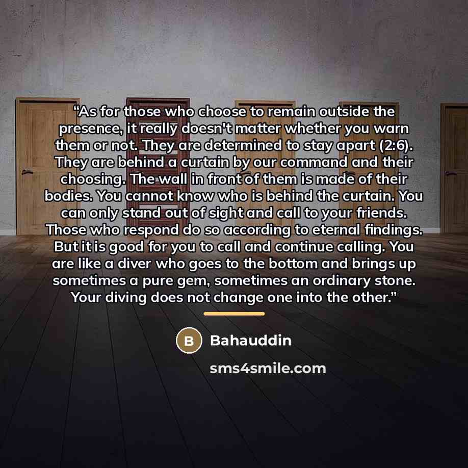 “As for those who choose to remain outside the presence, it really doesn't matter whether you warn them or not. They are determined to stay apart (2:6). They are behind a curtain by our command and their choosing. The wall in front of them is made of their bodies. You cannot know who is behind the…” quote by Bahauddin