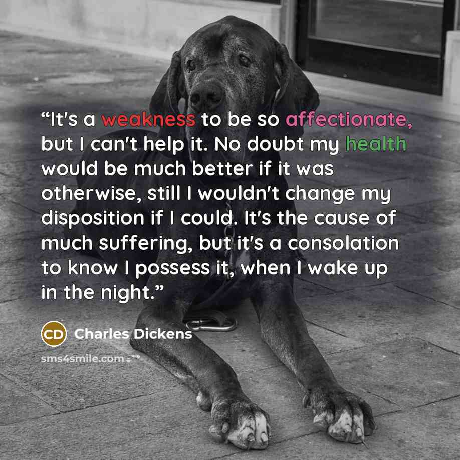 “It's a weakness to be so affectionate, but I can't help it. No doubt my health would be much better if it was otherwise, still I wouldn't change my disposition if I could. It's the cause of much suffering, but it's a consolation to know I possess it, when I wake up in the night.” quote by Charles Dickens