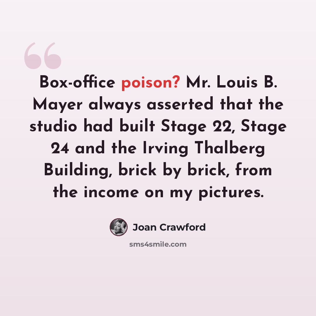 “Box-office poison? Mr. Louis B. Mayer always asserted that the studio had built Stage 22, Stage 24 and the Irving Thalberg Building, brick by brick, from the income on my pictures.” quote by Joan Crawford