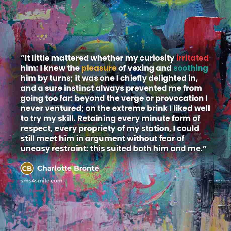 “It little mattered whether my curiosity irritated him: I knew the pleasure of vexing and soothing him by turns; it was one I chiefly delighted in, and a sure instinct always prevented me from going too far: beyond the verge or provocation I never ventured; on the extreme brink I liked well to try…” quote by Charlotte Brontë