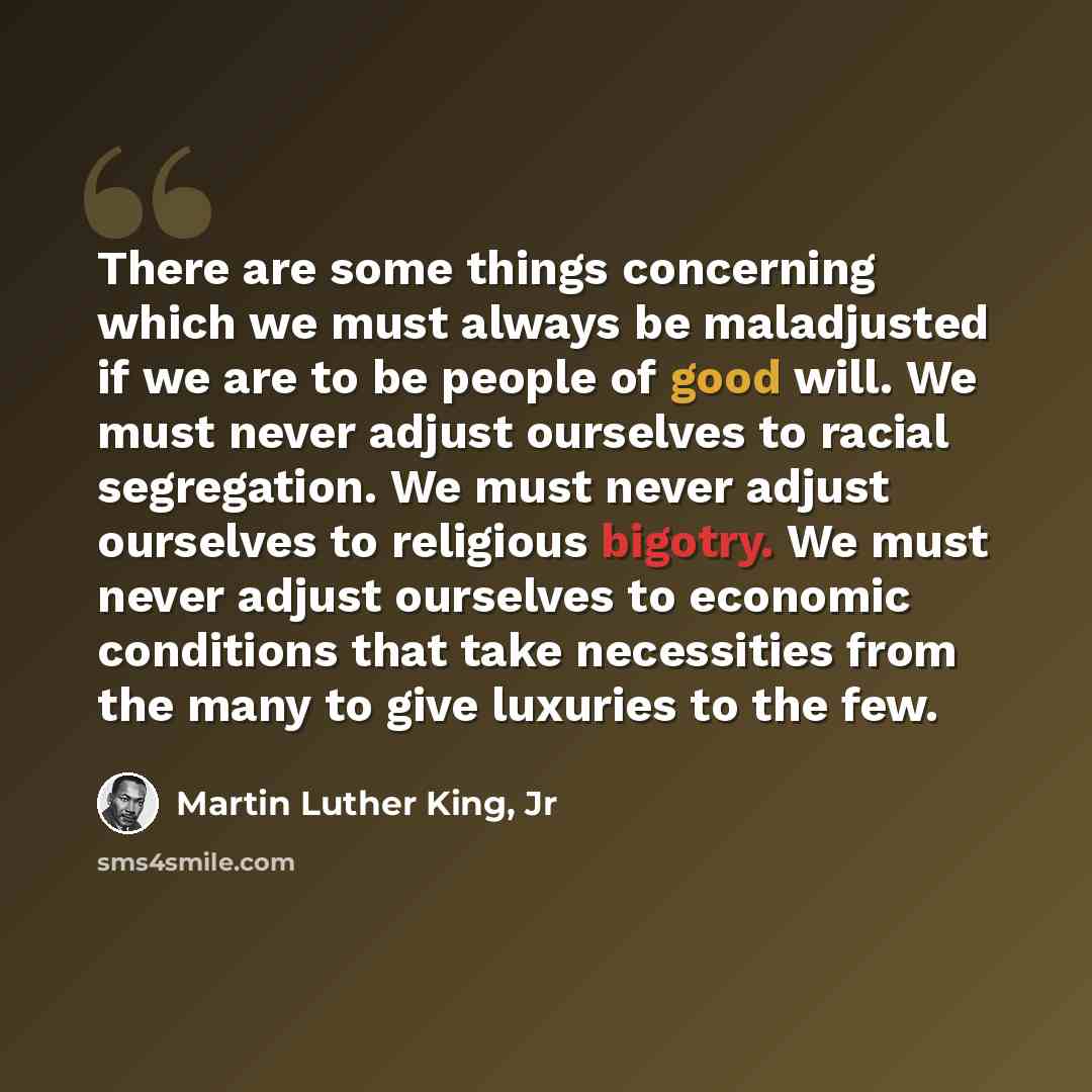“There are some things concerning which we must always be maladjusted if we are to be people of good will. We must never adjust ourselves to racial segregation. We must never adjust ourselves to religious bigotry. We must never adjust ourselves to economic conditions that take necessities from the…” quote by Martin Luther King, Jr