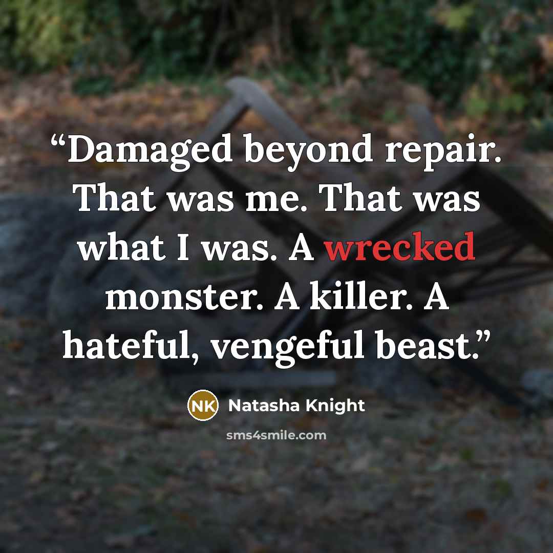“Damaged beyond repair. That was me. That was what I was. A wrecked monster. A killer. A hateful, vengeful beast.” quote by Natasha Knight