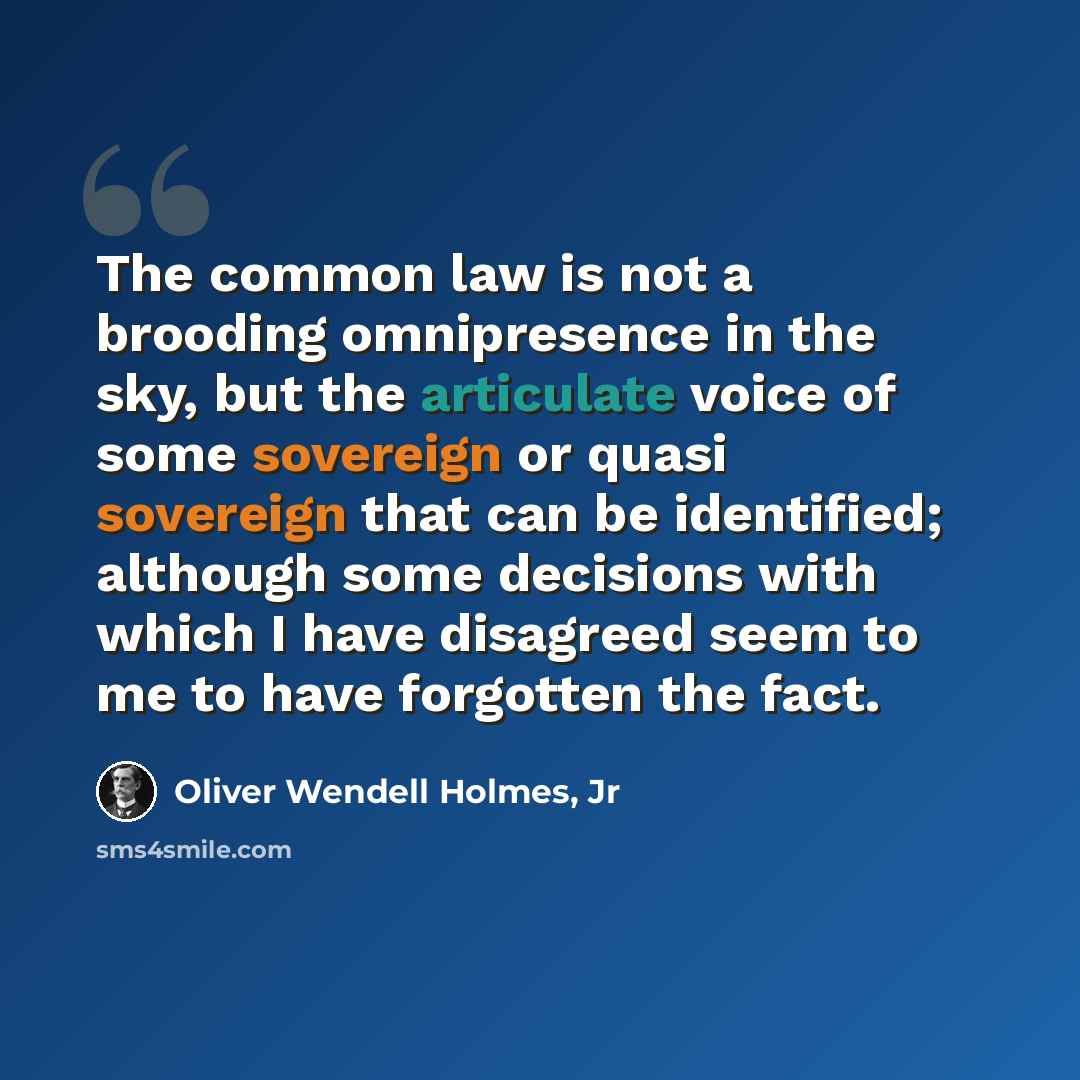“The common law is not a brooding omnipresence in the sky, but the articulate voice of some sovereign or quasi sovereign that can be identified; although some decisions with which I have disagreed seem to me to have forgotten the fact.” quote by Oliver Wendell Holmes, Jr