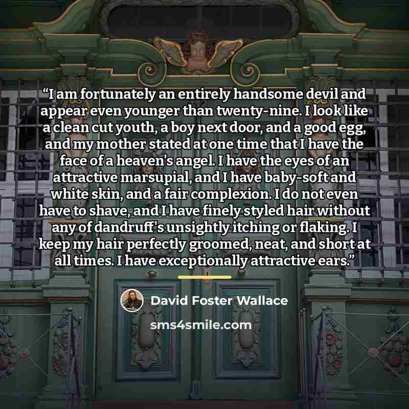 “I am fortunately an entirely handsome devil and appear even younger than twenty-nine. I look like a clean cut youth, a boy next door, and a good egg, and my mother stated at one time that I have the face of a heaven's angel. I have the eyes of an attractive marsupial, and I have baby-soft and…” quote by David Foster Wallace