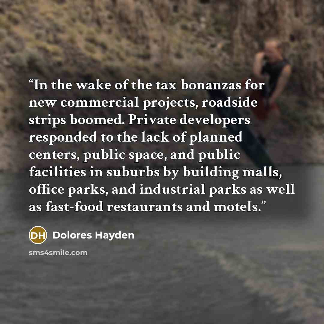 “In the wake of the tax bonanzas for new commercial projects, roadside strips boomed. Private developers responded to the lack of planned centers, public space, and public facilities in suburbs by building malls, office parks, and industrial parks as well as fast-food restaurants and motels.” quote by Dolores Hayden