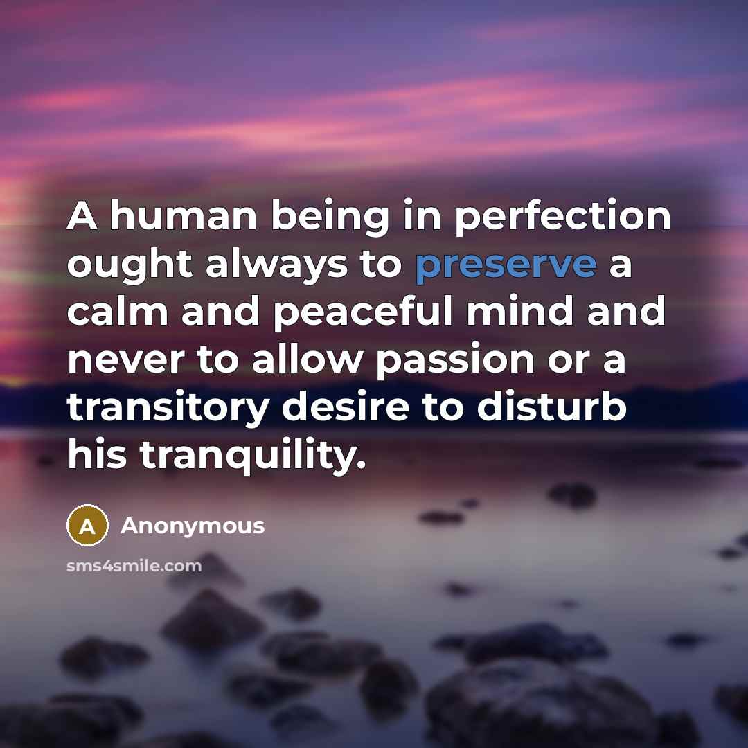 “A human being in perfection ought always to preserve a calm and peaceful mind and never to allow passion or a transitory desire to disturb his tranquility.” quote by Anonymous