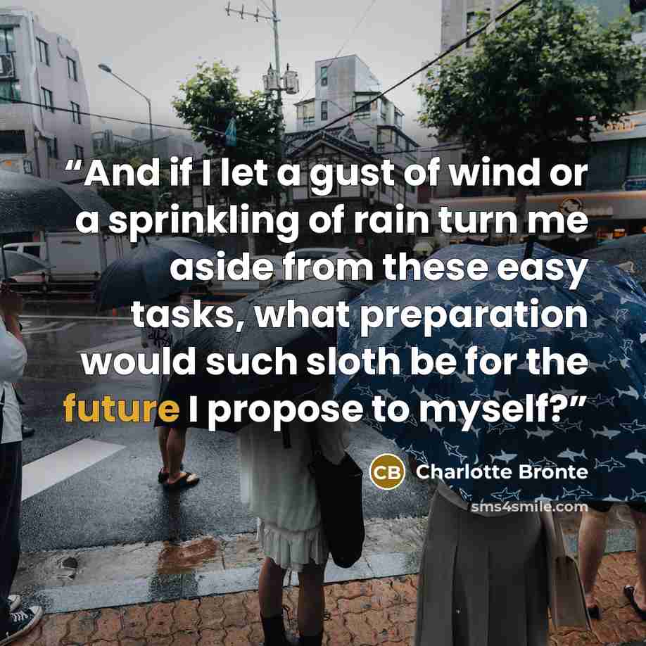 “And if I let a gust of wind or a sprinkling of rain turn me aside from these easy tasks, what preparation would such sloth be for the future I propose to myself?” quote by Charlotte Brontë