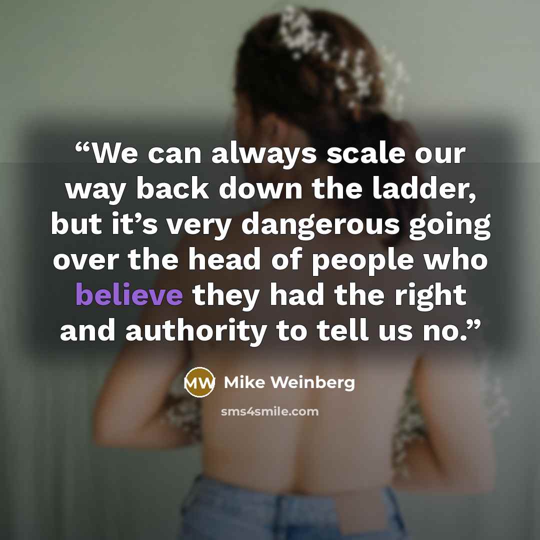 “We can always scale our way back down the ladder, but it’s very dangerous going over the head of people who believe they had the right and authority to tell us no.” quote by Mike Weinberg