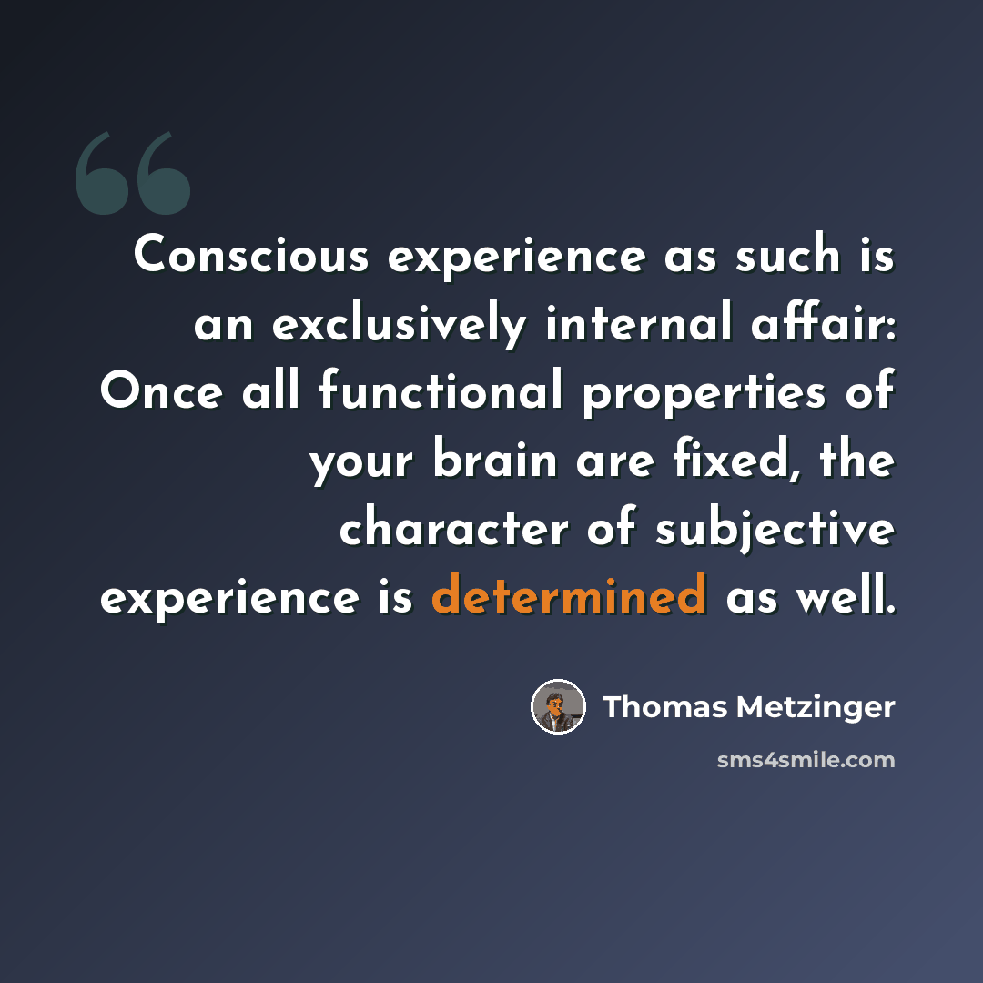 “Conscious experience as such is an exclusively internal affair: Once all functional properties of your brain are fixed, the character of subjective experience is determined as well.” quote by Thomas Metzinger
