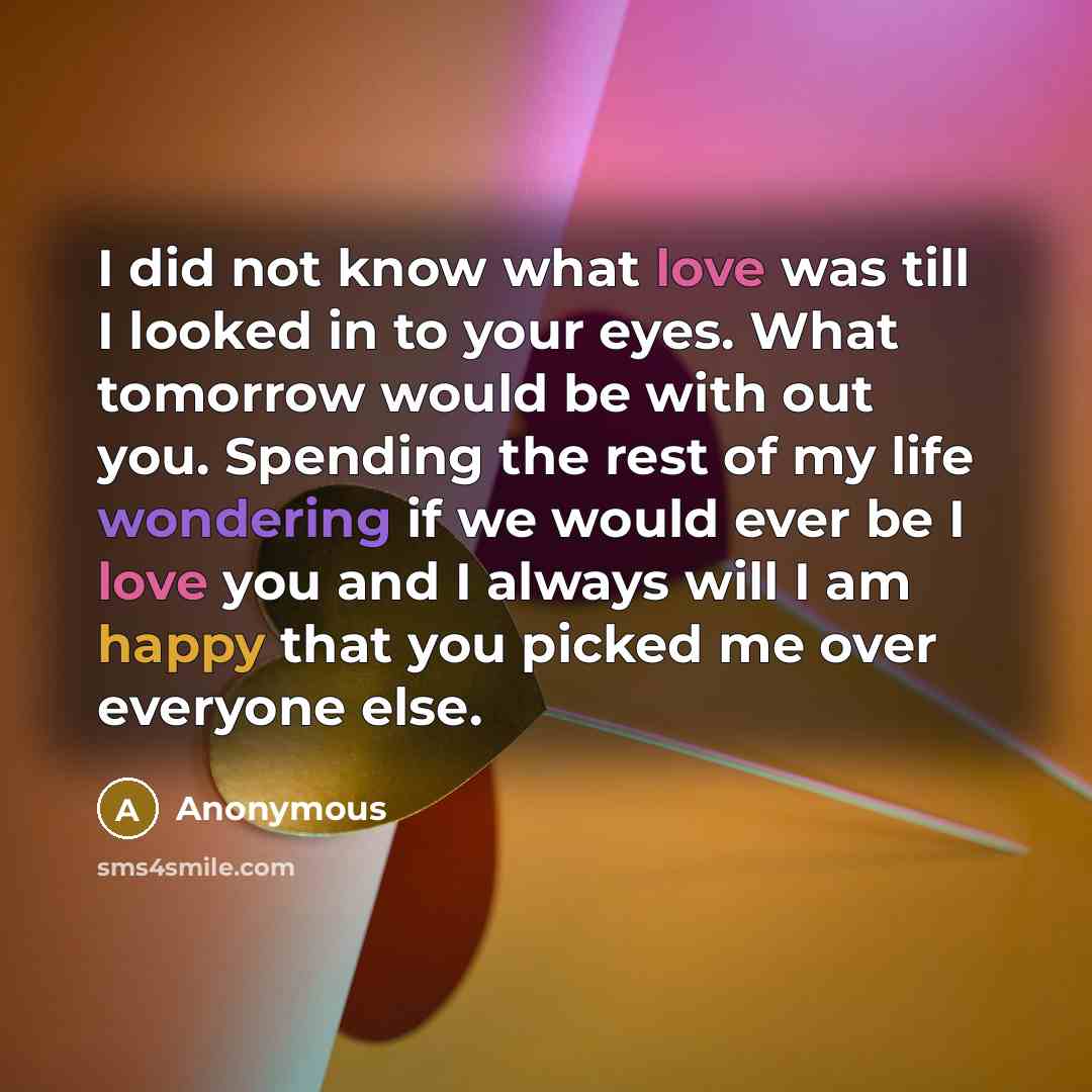 “I did not know what love was till I looked in to your eyes. What tomorrow would be with out you. Spending the rest of my life wondering if we would ever be I love you and I always will I am happy that you picked me over everyone else.” quote by Anonymous