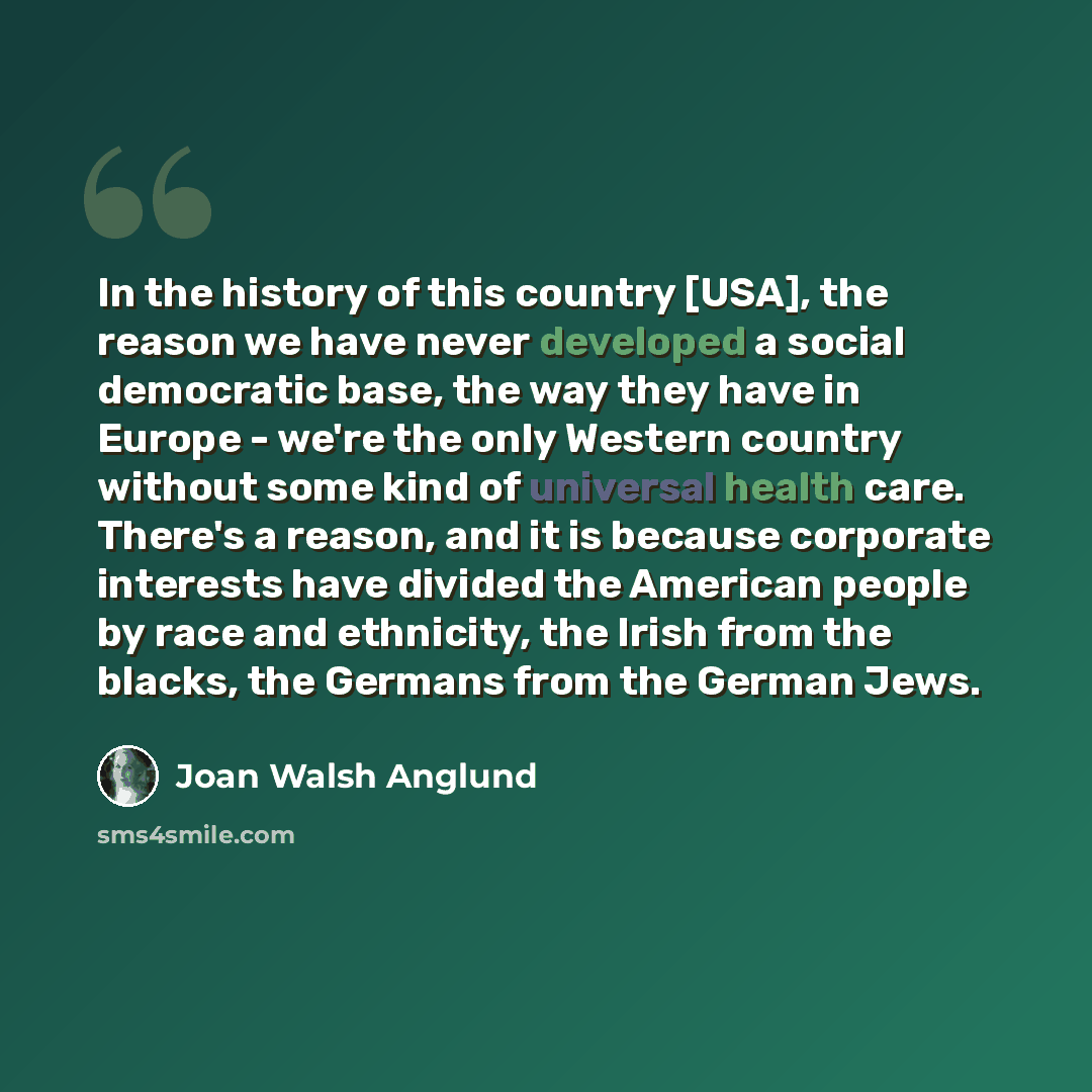 “In the history of this country [USA], the reason we have never developed a social democratic base, the way they have in Europe - we're the only Western country without some kind of universal health care. There's a reason, and it is because corporate interests have divided the American people by…” quote by Joan Walsh Anglund