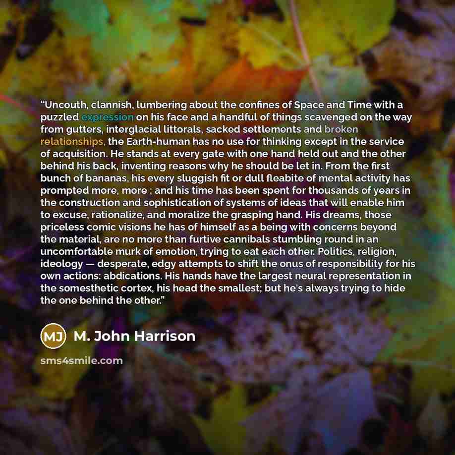 “Uncouth, clannish, lumbering about the confines of Space and Time with a puzzled expression on his face and a handful of things scavenged on the way from gutters, interglacial littorals, sacked settlements and broken relationships, the Earth-human has no use for thinking except in the service of…” quote by M. John Harrison