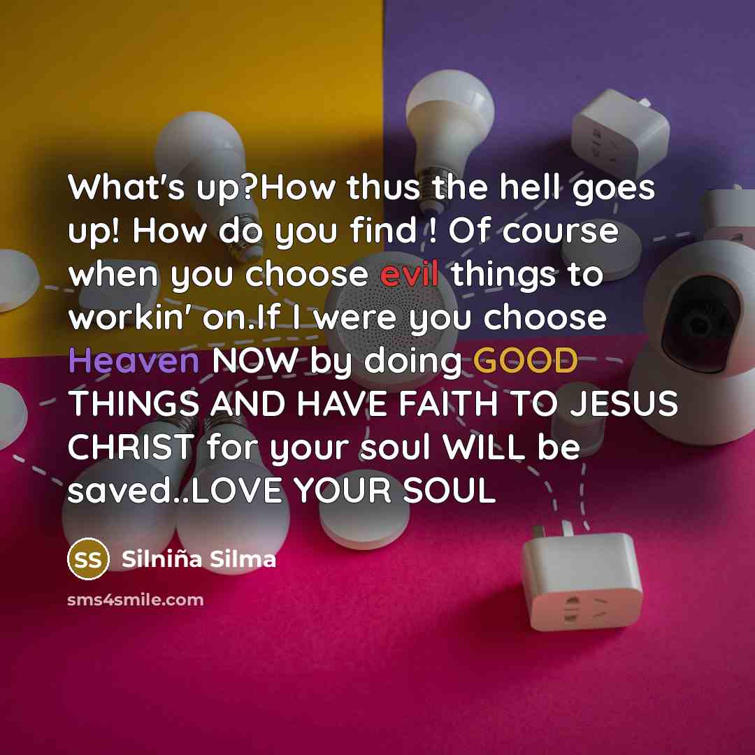 “What's up?How thus the hell goes up! How do you find ! Of course when you choose evil things to workin' on.If I were you choose Heaven NOW by doing GOOD THINGS AND HAVE FAITH TO JESUS CHRIST for your soul WILL be saved..LOVE YOUR SOUL” quote by Silniña Silma