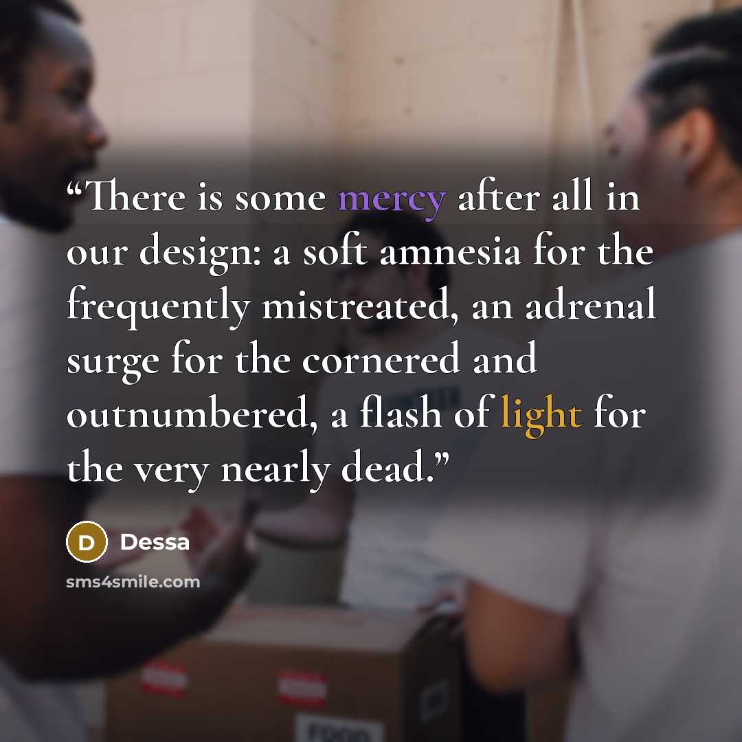 “There is some mercy after all in our design: a soft amnesia for the frequently mistreated, an adrenal surge for the cornered and outnumbered, a flash of light for the very nearly dead.” quote by Dessa