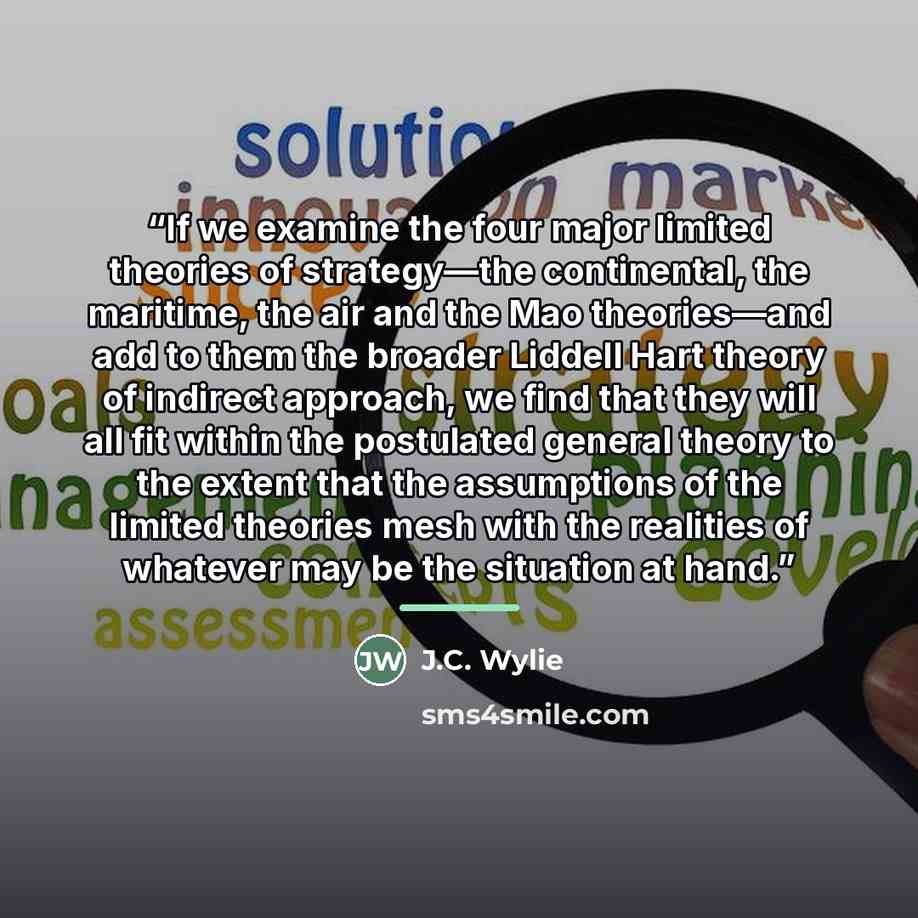 “If we examine the four major limited theories of strategy—the continental, the maritime, the air and the Mao theories—and add to them the broader Liddell Hart theory of indirect approach, we find that they will all fit within the postulated general theory to the extent that the assumptions of the…” quote by J.C. Wylie