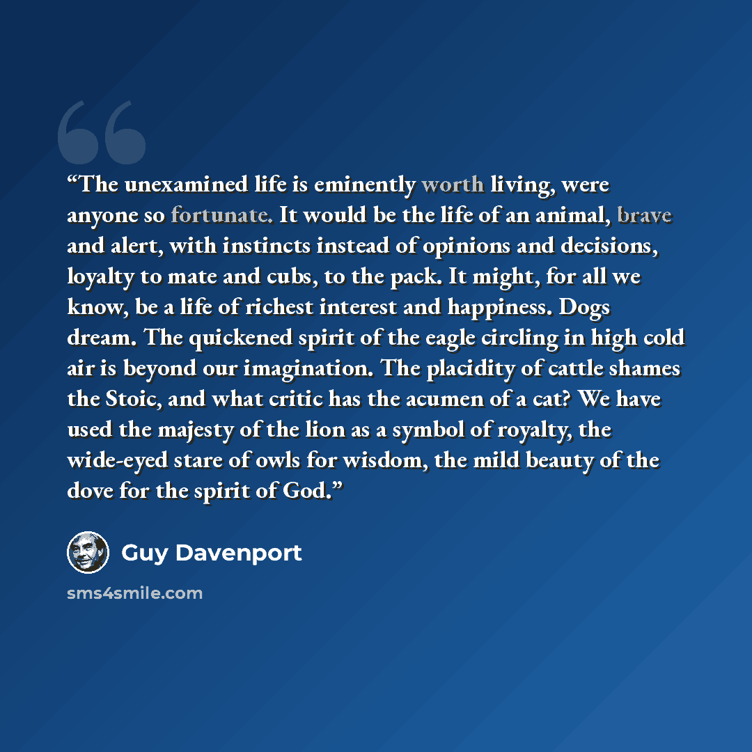 “The unexamined life is eminently worth living, were anyone so fortunate. It would be the life of an animal, brave and alert, with instincts instead of opinions and decisions, loyalty to mate and cubs, to the pack. It might, for all we know, be a life of richest interest and happiness. Dogs dream…” quote by Guy Davenport