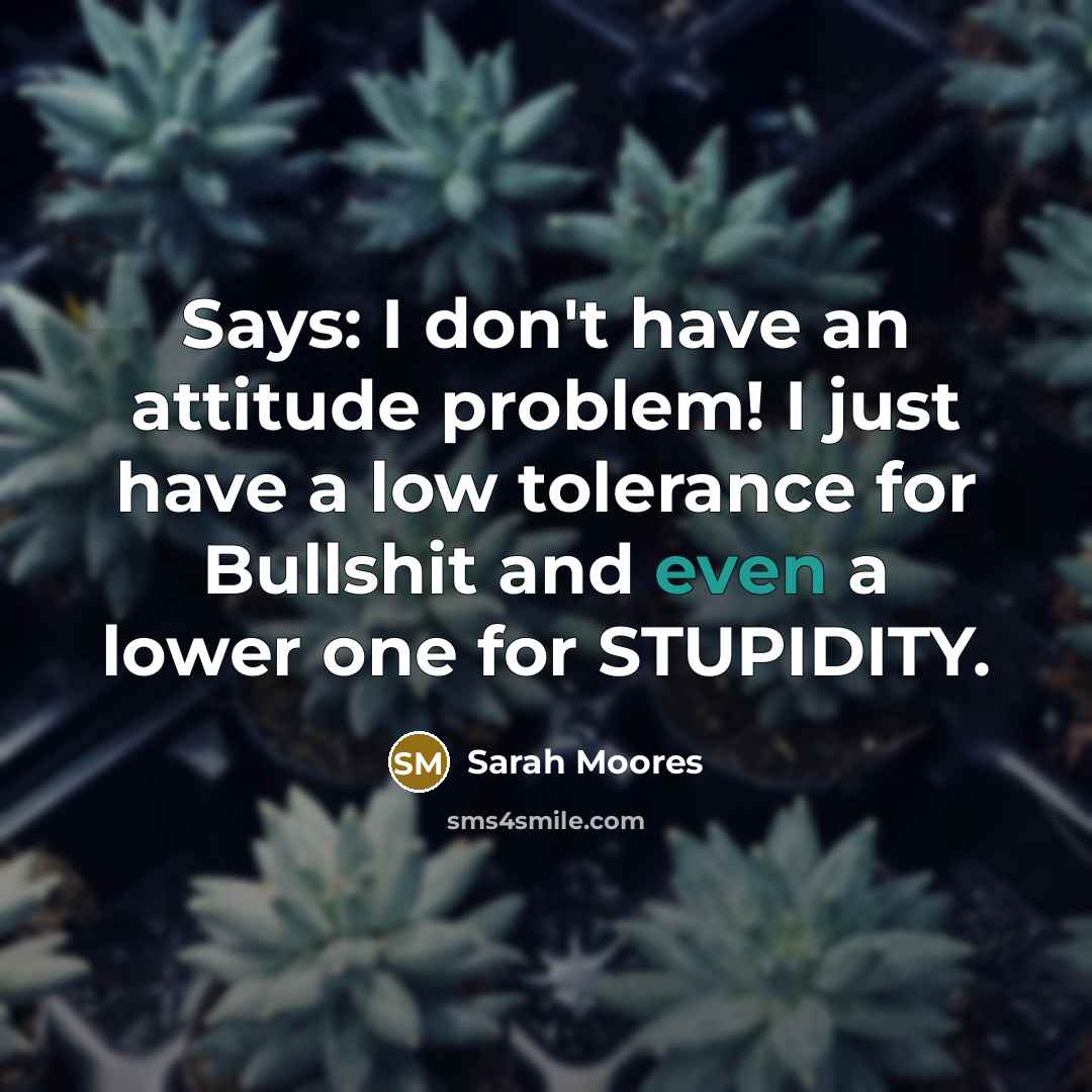 “Says: I don't have an attitude problem! I just have a low tolerance for Bullshit and even a lower one for STUPIDITY.” quote by Sarah Moores