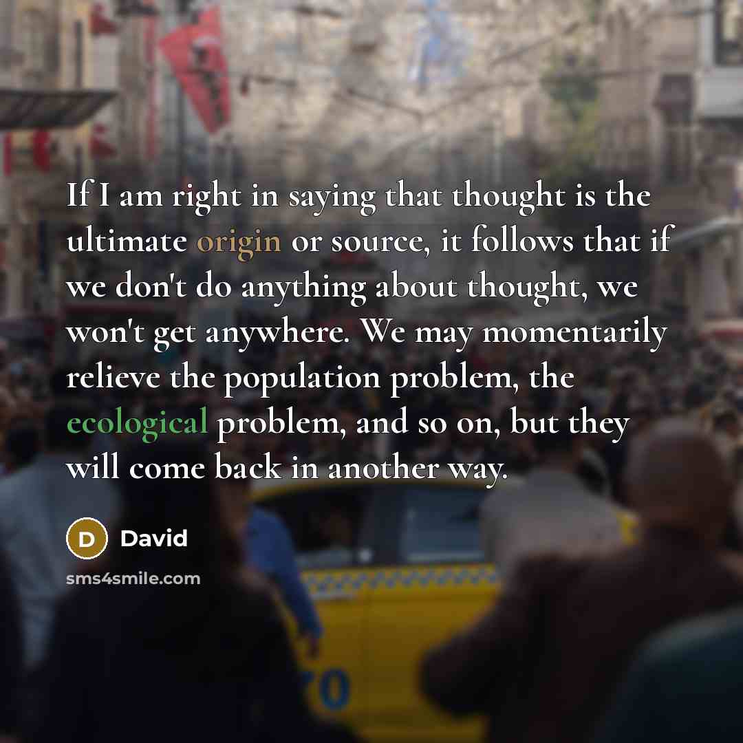 “If I am right in saying that thought is the ultimate origin or source, it follows that if we don't do anything about thought, we won't get anywhere. We may momentarily relieve the population problem, the ecological problem, and so on, but they will come back in another way.” quote by David