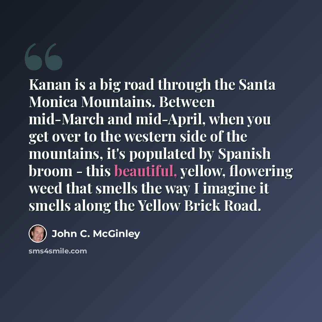 “Kanan is a big road through the Santa Monica Mountains. Between mid-March and mid-April, when you get over to the western side of the mountains, it's populated by Spanish broom - this beautiful, yellow, flowering weed that smells the way I imagine it smells along the Yellow Brick Road.” quote by John C. McGinley