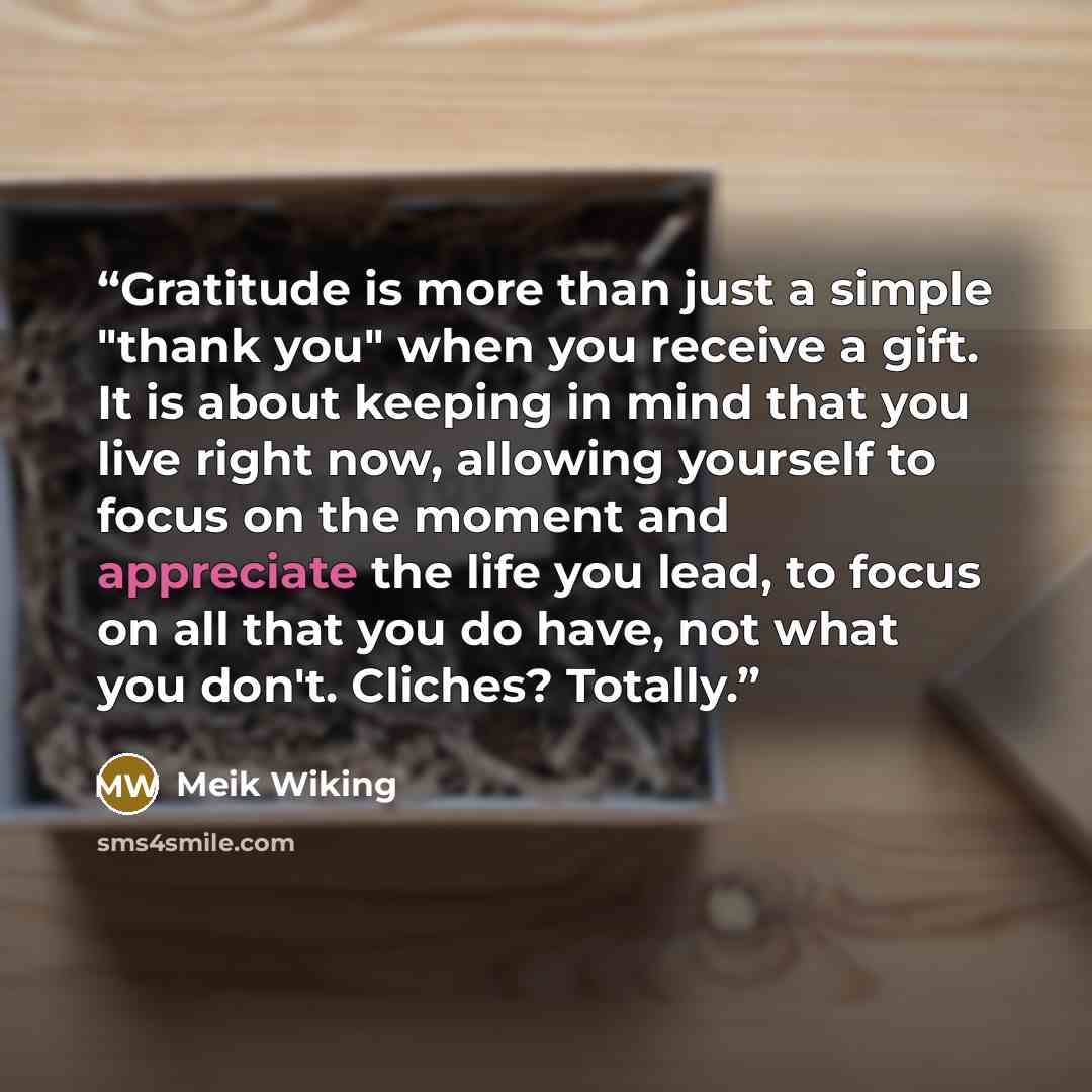 “Gratitude is more than just a simple "thank you" when you receive a gift. It is about keeping in mind that you live right now, allowing yourself to focus on the moment and appreciate the life you lead, to focus on all that you do have, not what you don't. Cliches? Totally.” quote by Meik Wiking