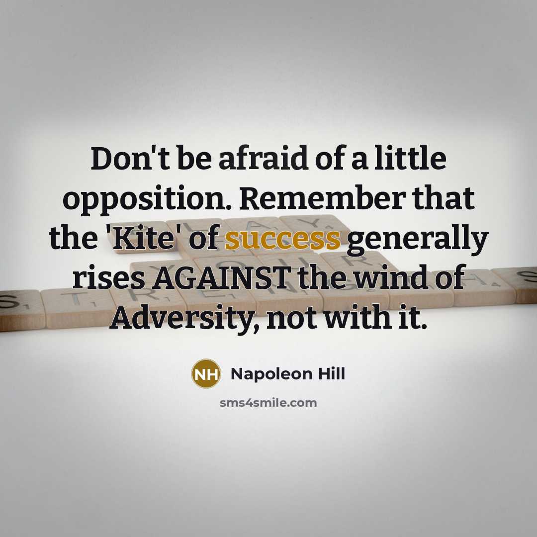 “Don't be afraid of a little opposition. Remember that the 'Kite' of success generally rises AGAINST the wind of Adversity, not with it.” quote by Napoleon Hill