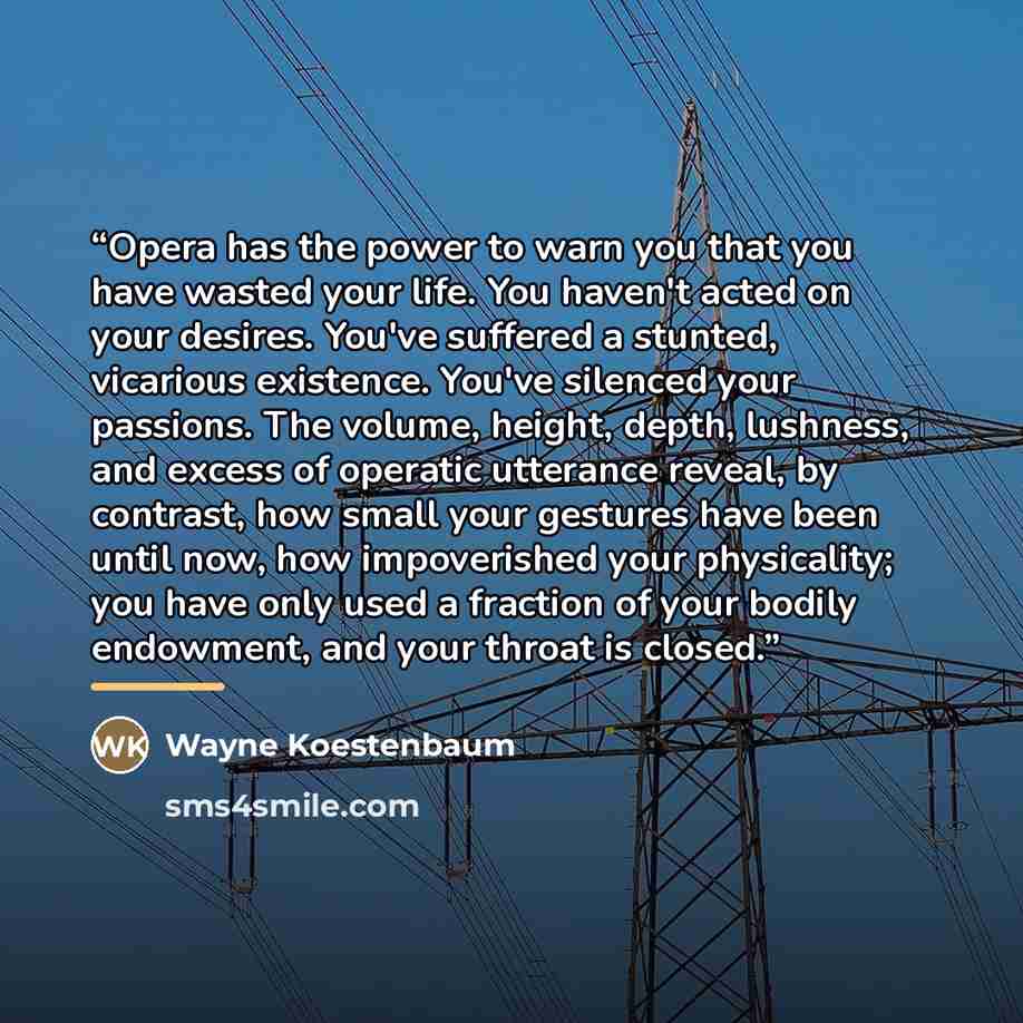 “Opera has the power to warn you that you have wasted your life. You haven't acted on your desires. You've suffered a stunted, vicarious existence. You've silenced your passions. The volume, height, depth, lushness, and excess of operatic utterance reveal, by contrast, how small your gestures have…” quote by Wayne Koestenbaum