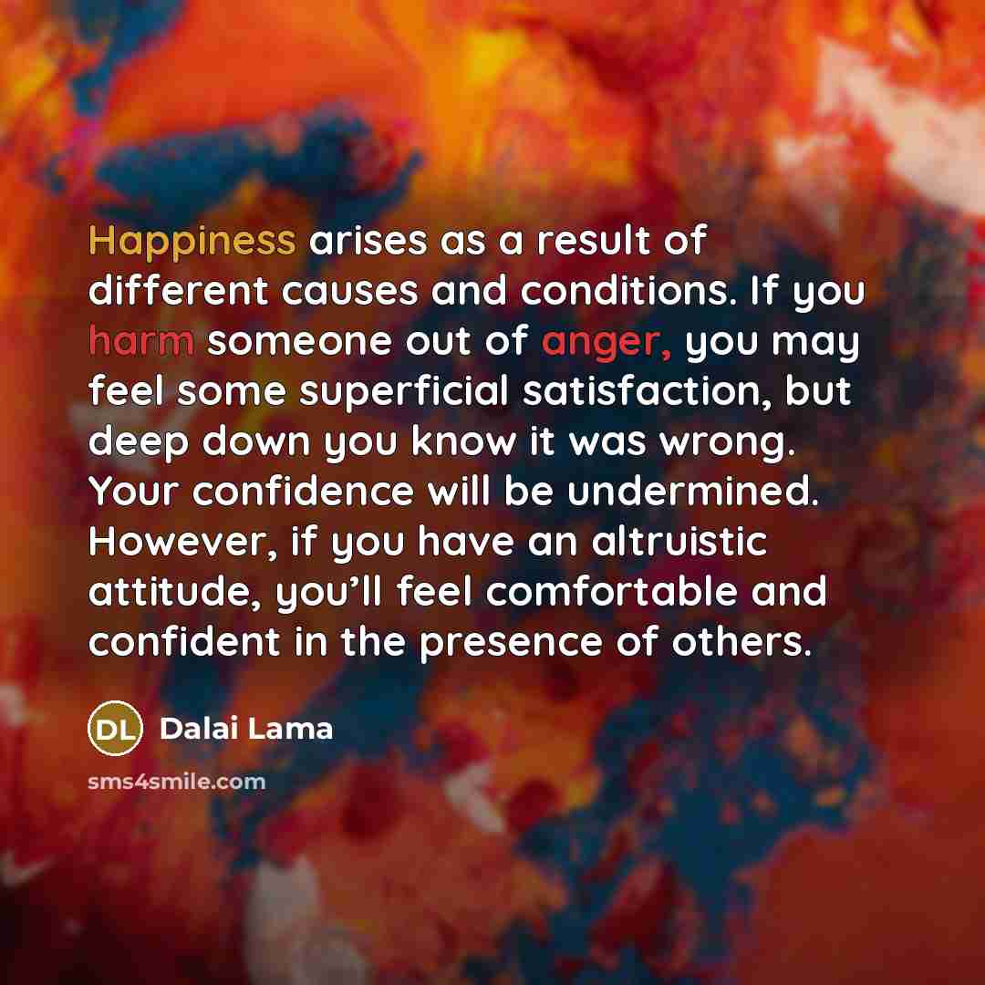 “Happiness arises as a result of different causes and conditions. If you harm someone out of anger, you may feel some superficial satisfaction, but deep down you know it was wrong. Your confidence will be undermined. However, if you have an altruistic attitude, you’ll feel comfortable and confident…” quote by Dalai Lama